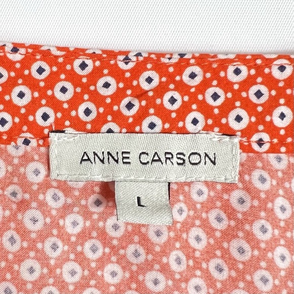 Anne Carson Women's Large Orange Blue White Geometric Print 3/4 Sleeve Blouse - Picture 6 of 8